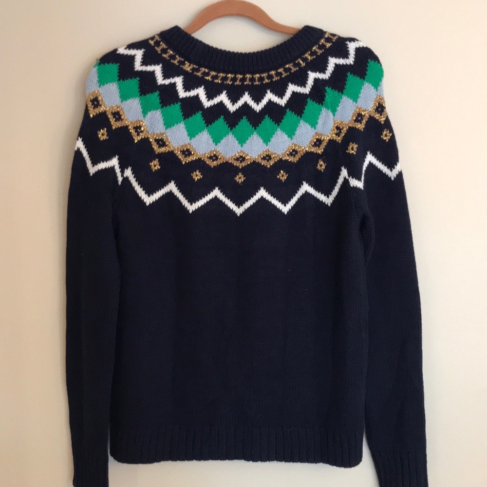 J. Crew Navy Sweater with Green and Gold Accents